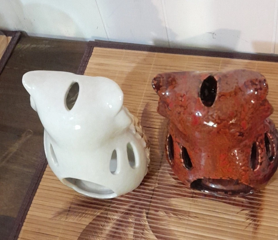 Juego de 2 candelabros votivos de luz de té de cerámica Owl Luminary de 7" marrón 1 blanco Foto 3 de 4