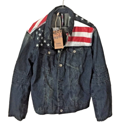 NWT MEN'S RED WHITE BLUE AMERICAN FLAG DENIM AND LEATHER JACKET