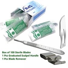 100 STERILE SURGICAL CARBON STEEL BLADES WITH BLADE REMOVER AND HANDLE SIZE 10