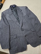PENDLETON Navy Suede Trim Wool Tweed Western Sport Coat Blazer Size 46 LONG