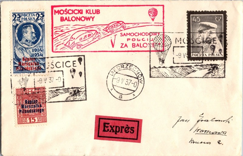 1937  Poland Rzeszow Moscice club Ballon Flight Airmail Express Cover to Warsaw
