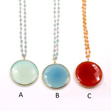 40 mm Natural Gemstone Necklace Gold Plated 925 Silver Jewelry Long Necklace 30"