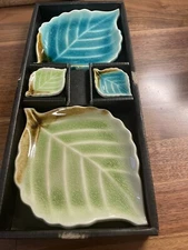 Sushi Wasabi Plates Trinket Dish Crackle Glaze Ceramic Leaf Blue Green Japan
