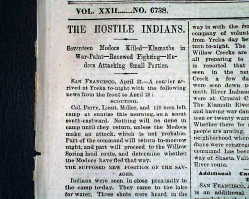MODOC WAR Second Battle of the Stronghold INDIANS Captain Jack 1873 Newspaper - Afbeelding 1 van 8