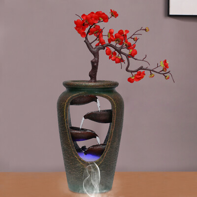 Flower Vase Waterfall Table Top LED Light Indoor Water Fountain FengShui Decor~