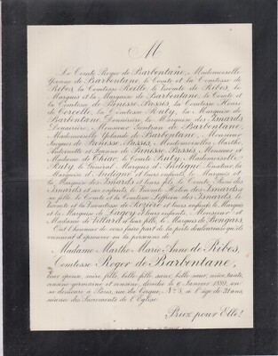 1889 Sterbeurkunde Frau Roger de ROBIN de BARBENTANE geb. RIBES - Paris.