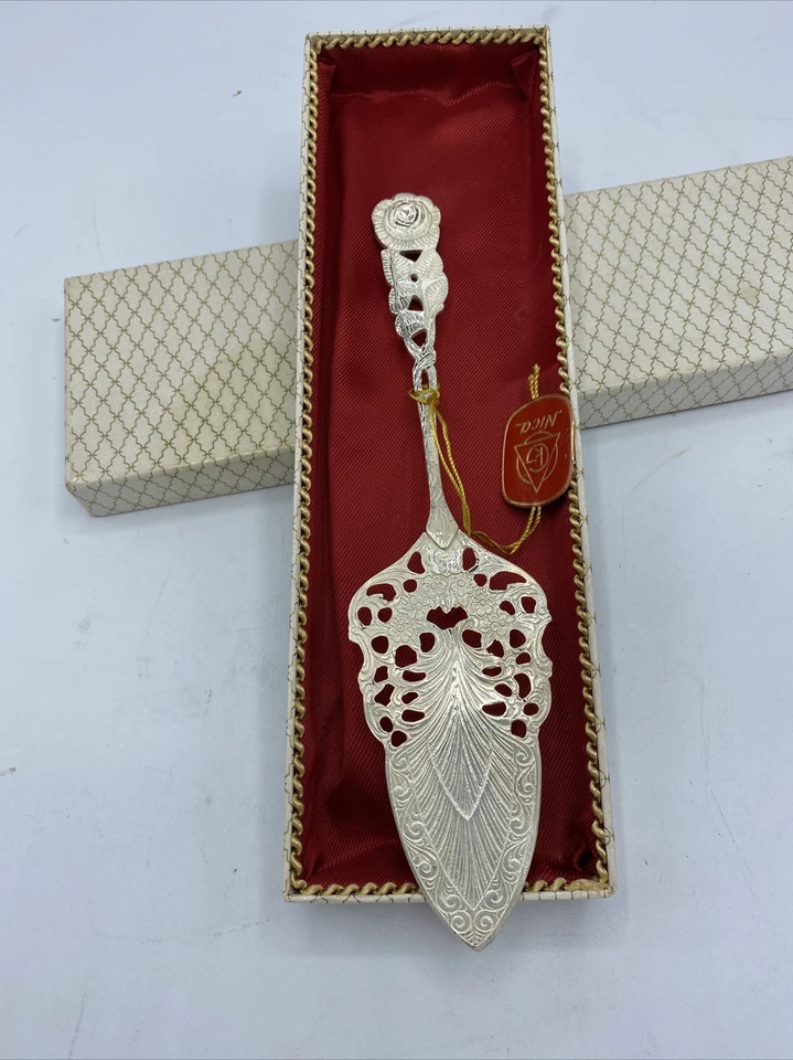 Talheres de prata alemã Nica Pie Server vintage floral rosa 7 3/4" com etiqueta e caixa - Imagem 3 de 4