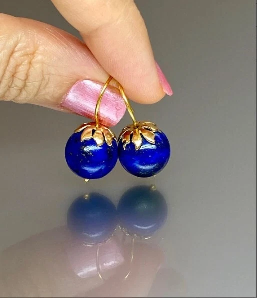 Naturale Lapislazzuli 10mm Sfera Orecchino 925 Argento Sterling Molto di Qualità - Immagine 2 di 4