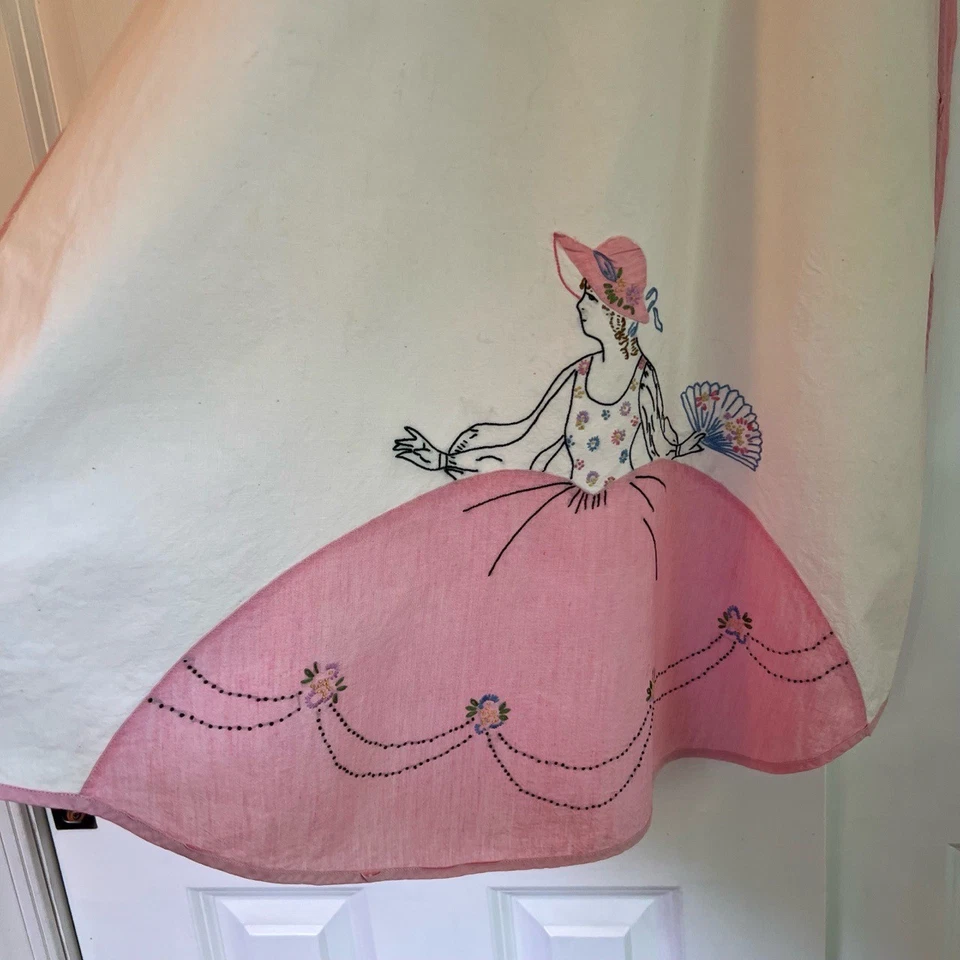 Delantal vintage años 50 bordado dama rosa y crema lazo trasero Foto 3 de 4