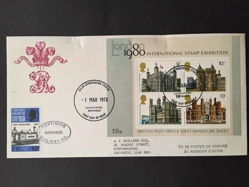 E GB 1978 LONDON `80 MIN SHEET FIRST DAY FESTINIOG COVER + STOCKTON LETTER STAMP