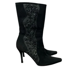 Stuart Weitzman Black Beaded Suede Mid-Calf Pointed Boots Vintage 9.5 Witchycore