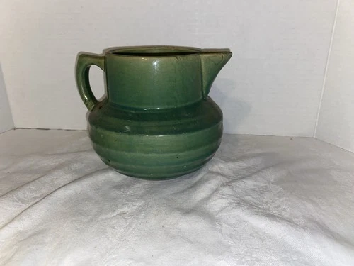Early McCoy Vintage Green Pottery Buttermilk Pitcher #121 Shield Mark 1930s