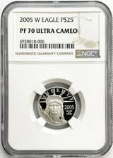 2005 W PLATINUM $25 PROOF AMERICAN EAGLE 1/4 OZ COIN NGC PROOF 70 UC 5060.00 per troy oz