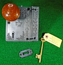 LARGE 1863 BLW BRANFORD EASTLAKE RIM LOCK COMPLETE SET!  FULL RESTORED (41053-4)
