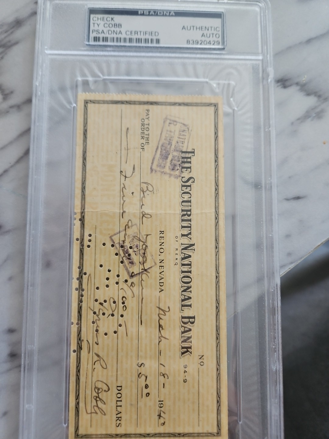 Ty Cobb Autograph Bank Check PSA/DNA Tigers HOF 1940