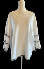 Cynthia Rowley Plus 1X White Linen Blend Top Lagenlook Artsy Boxy Fringe Boho