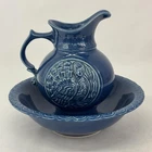 1988 McCoy Pottery Blue Basin And Pitcher Set 7516 Embossed Turkey