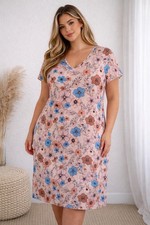Floral T-Shirt Dress Plus Size Pink Blue V-Neck Casual Shift Dress 3X