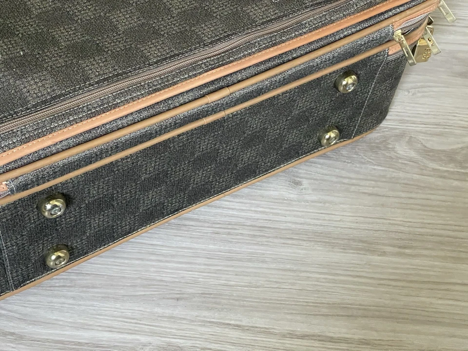 Vintage FRENCH LUGGAGE CO Checkered Tweed & Leather 22” Upright Wheeled Suitcase - Image 3 of 4