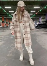 H&M Long Shirt Jacket Shacket Coat Beige Dusty Rose Plaid BLOGGER STYLE