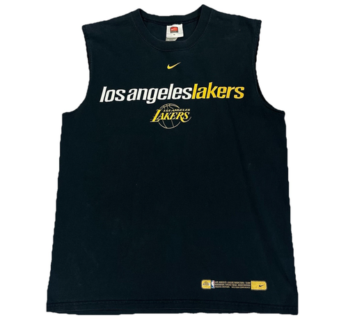 VTG NIKE LOS ANGELES LAKERS CENTER SWOOSH BLACK BASKETBALL CUTOFF SHIRT M (110)