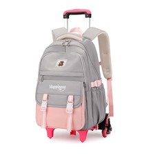 Girls Rolling Backpack School Bag With 6 Wheels Carry-On Grey Pink Wheeled