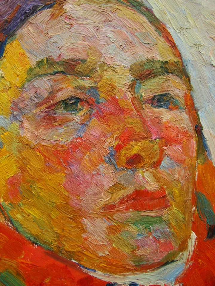Pintura al óleo soviética ucraniana fauvismo impresionismo retrato femenino bufanda roja Foto 3 de 4