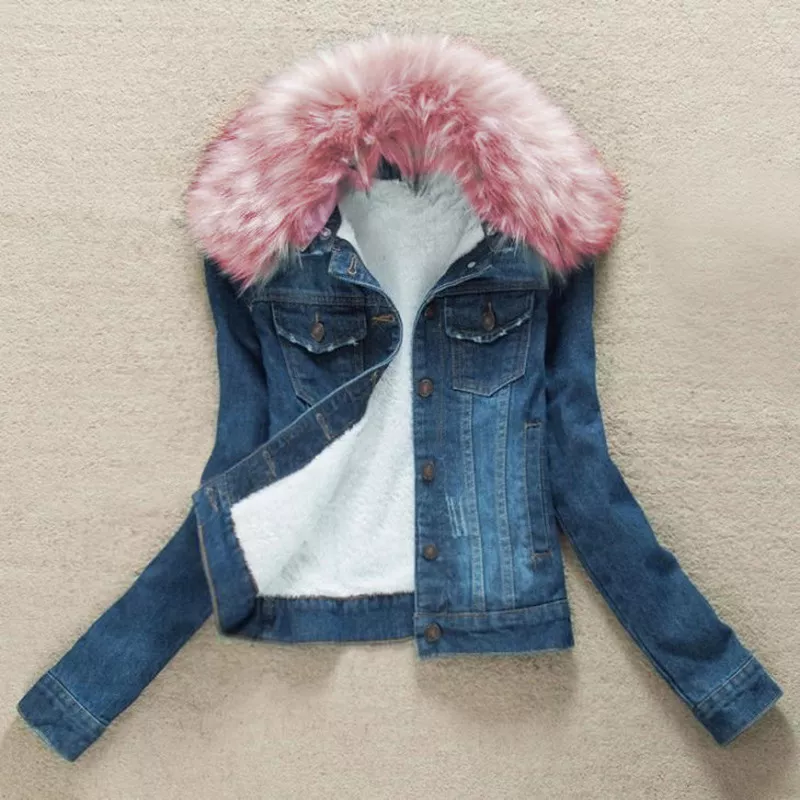 Pink fur lined denim jacket cheap