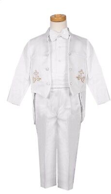 Boys Baptism Tuxedo suit Bautismo white 6pc with Estola Silver Maria Embroidery