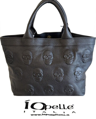 IO Pelle 3D Skull Medium Tote Bag Black/Silver Hardware Colored Italian Leather