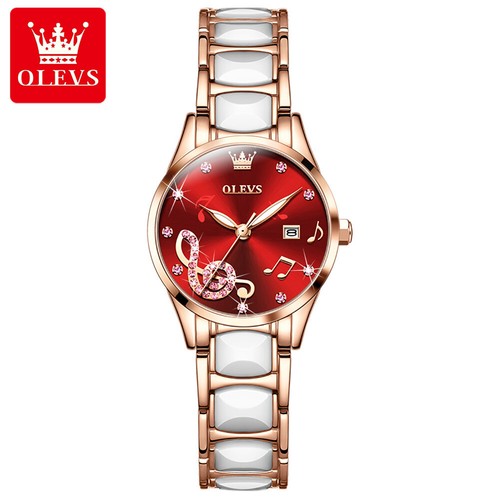 Damen Armbanduhr Keramik Stahlband Wasserdicht Leuchtender Kalender Quarzuhr - Bild 14 von 15