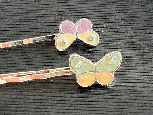 2 Vintage Silver Plated Enamelled Butterfly Hair Grips Slides Crystals Pastel BN - Picture 4 of 22