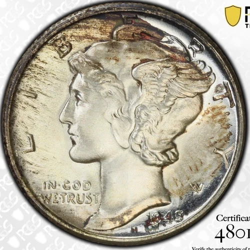 1945 MS67 PCGS Toned Mercury Dime TrueView Goldshield PQ Fresh