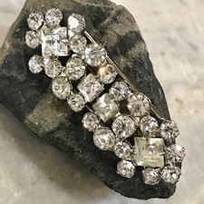 VTG Rhinestone Brooch Pin Duette SET 40’s Fur Clip Shield Clear Prong 2”