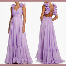 NWT 598 Mac Duggal 2 Ruffle Tiered Floral Cut out Chiffon Gown Lilac G1801