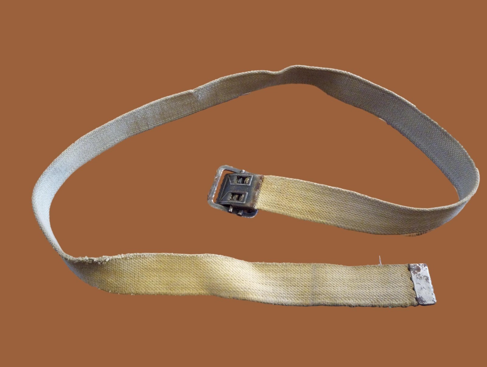 MILITARY ISSUE FRENCH ARMY KHAKI WEB BELT WITH OPEN FACE BUCKLE LARGE WWII ERA