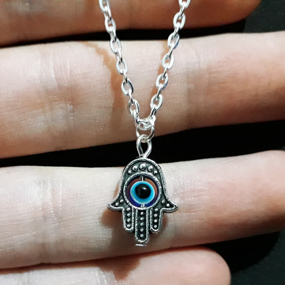 Collana Mano di Fatima con Occhio turco allah Argento catena ciondolo Uomo Donna - Immagine 4 di 4