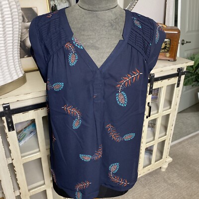 DR2 Notched Collar V Neck Cap Sleeve Blouse Top Navy Paisley Sz PM