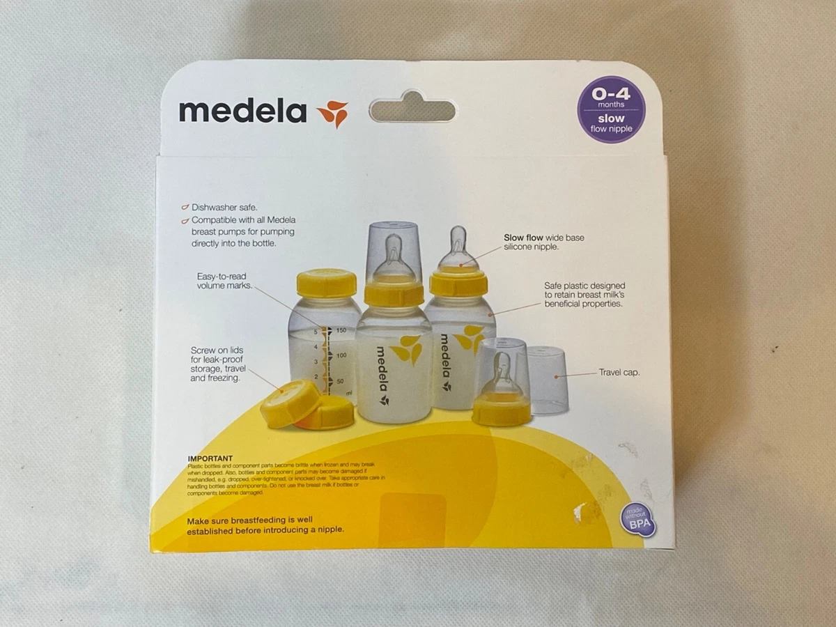 Medela Breast Milk Storage Bottles, 3 Pack of 5 Ounce Breastfeeding Bottles  with Slow Flow Nipples, Lids, Wide Base Collars, and Travel Caps, Made