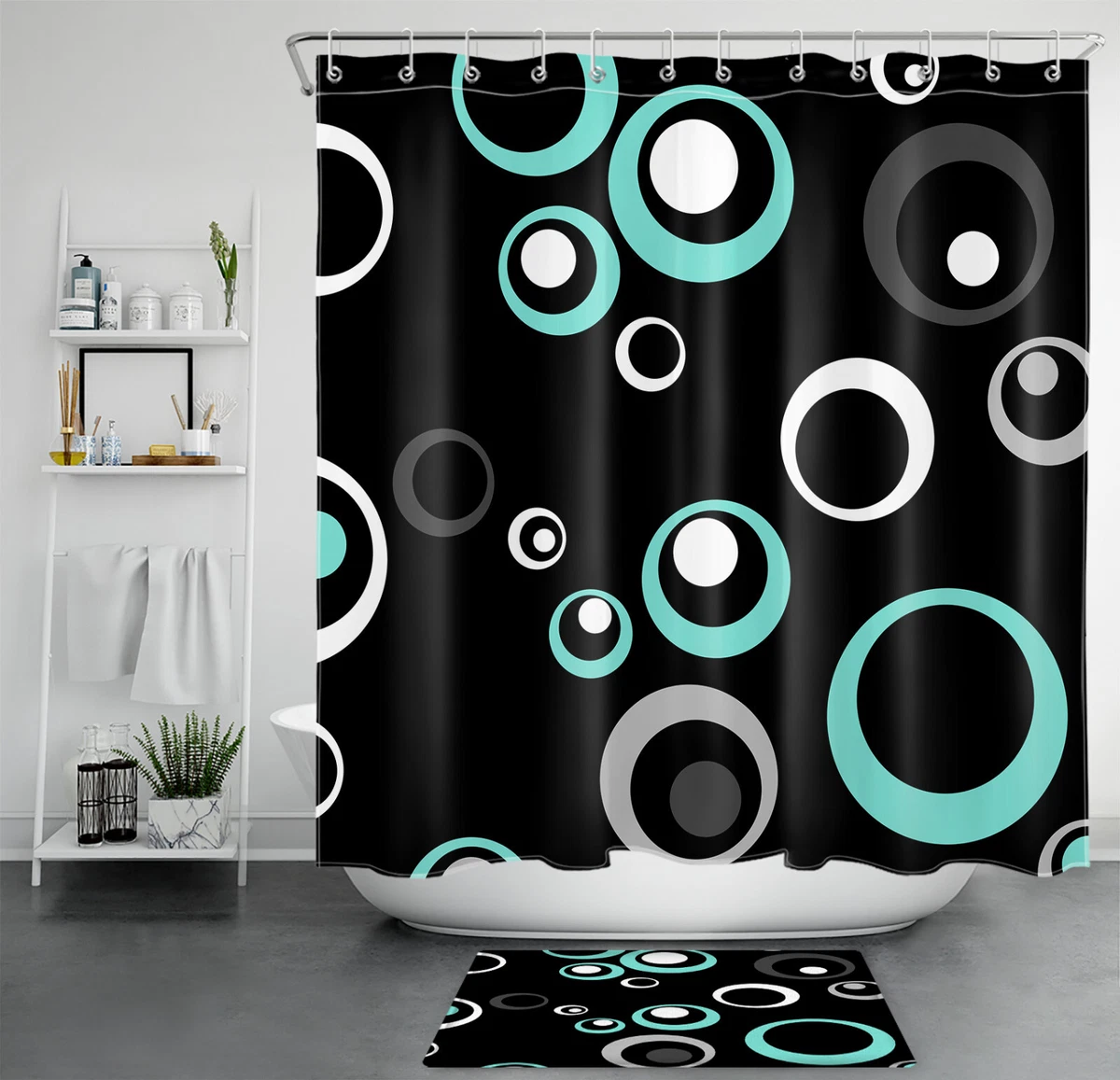 Teal and 2024 black shower curtain