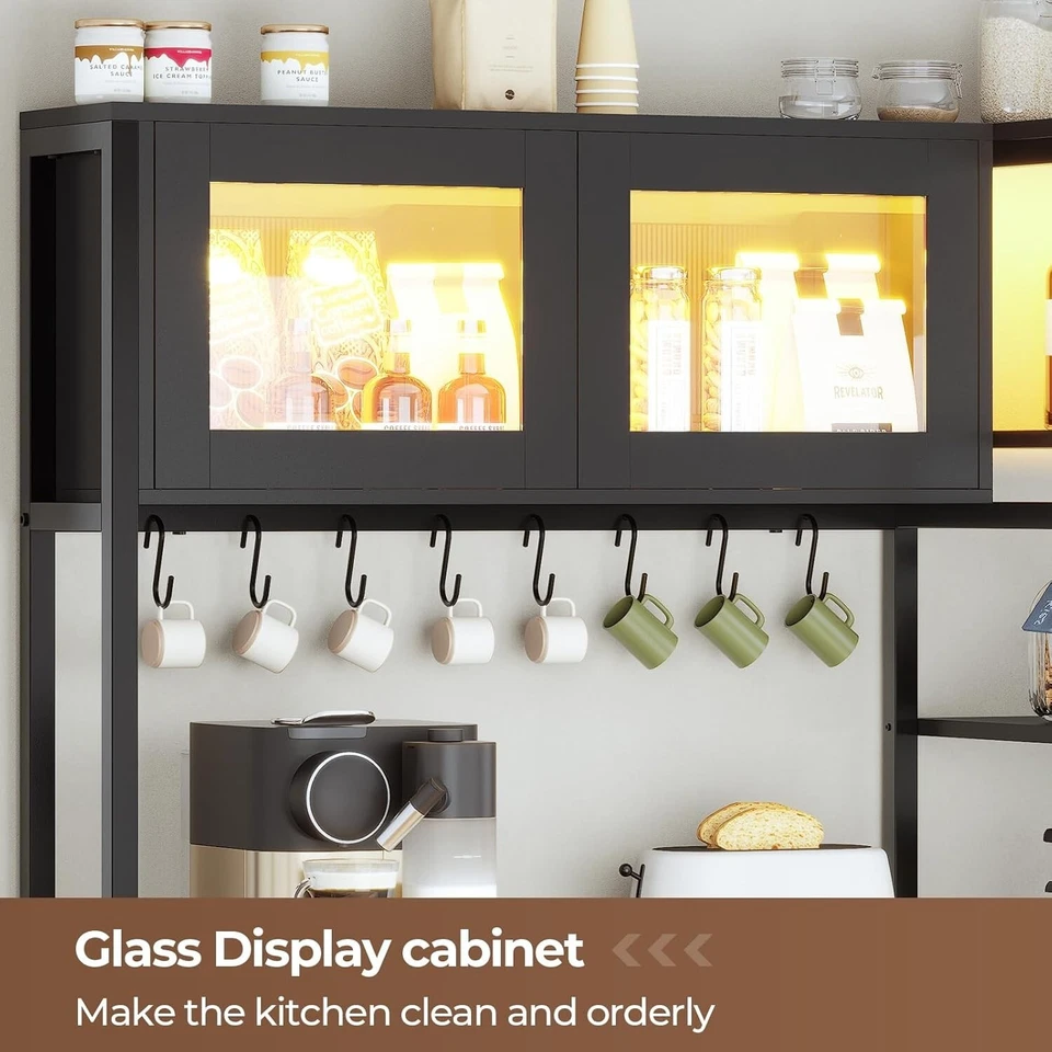 Стойка для пекарей с розеткой питания, 8 крючков и светодиодной подсветкой, фермерский шкаф для кофейного бара - Изображение 2 из 4