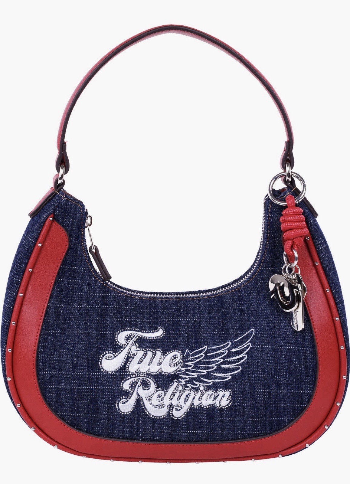 New Authentic Women’s True Religion Heart Charm Wing denim shoulder bag Red Navy thumbnail 2