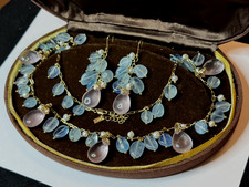 Lot Necklace Earrings Aquamarine Rose Quartz with Pearls Silver 925