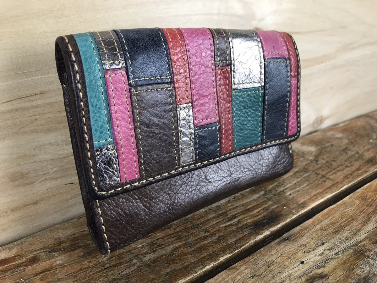 Fossil Tri-Fold Wallet Brown Leather Patchwork Multi-Color Retro 