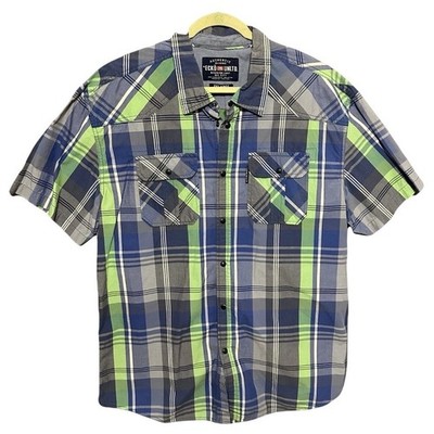 Ecko Unltd Mens 2XL Short Sleeve Plaid Snap Button Down Shirt Blue Green Cotton