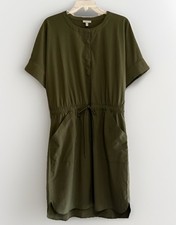 Talbots Stretch Casual Dress Stand Collar Popover UPF Cinch Waist Olive Green M