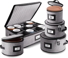 Fine China Hard Shell Dish Organizer - 5 Piece Stackable Mug and Plate Grey 