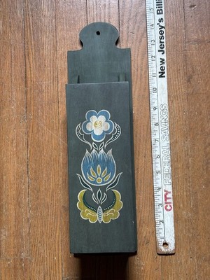 Vtg Primitive Long Matchstick Wooden Box Container Floral Country Cottage (M)