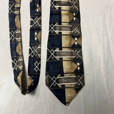 Adolfo Couture Mens Tie Geometric Pattern Artsy Bold Navy Gold Green Silk Blend