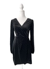 Nine West Black Velvet Silver Dot Stud VNeck Faux Wrap Little Black Dress Sz XS